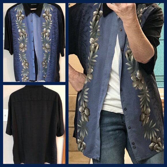 Pierre Cardin Two-Tone Rayon Shirt: Tropical Floral Blue Black, Men’s Size Large - Picture 8 of 8